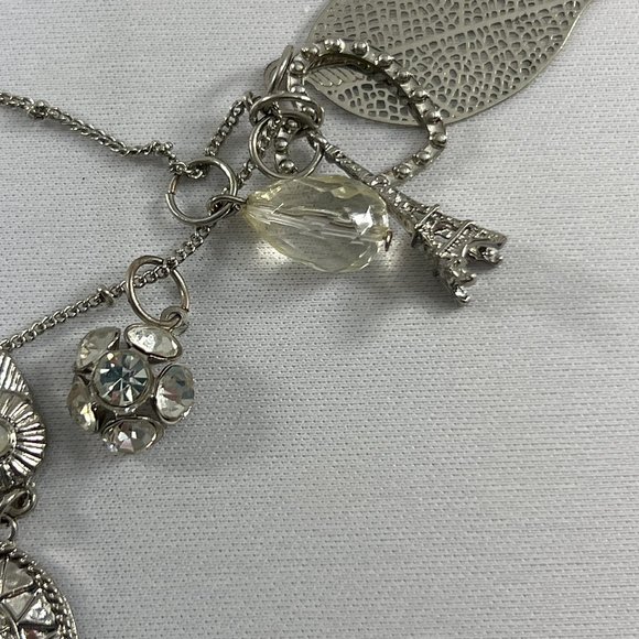 Etc! Necklace Silver Tone Dangle Charms Owl Leaf Heart Eiffel Tower Rhinestones - Picture 6 of 12